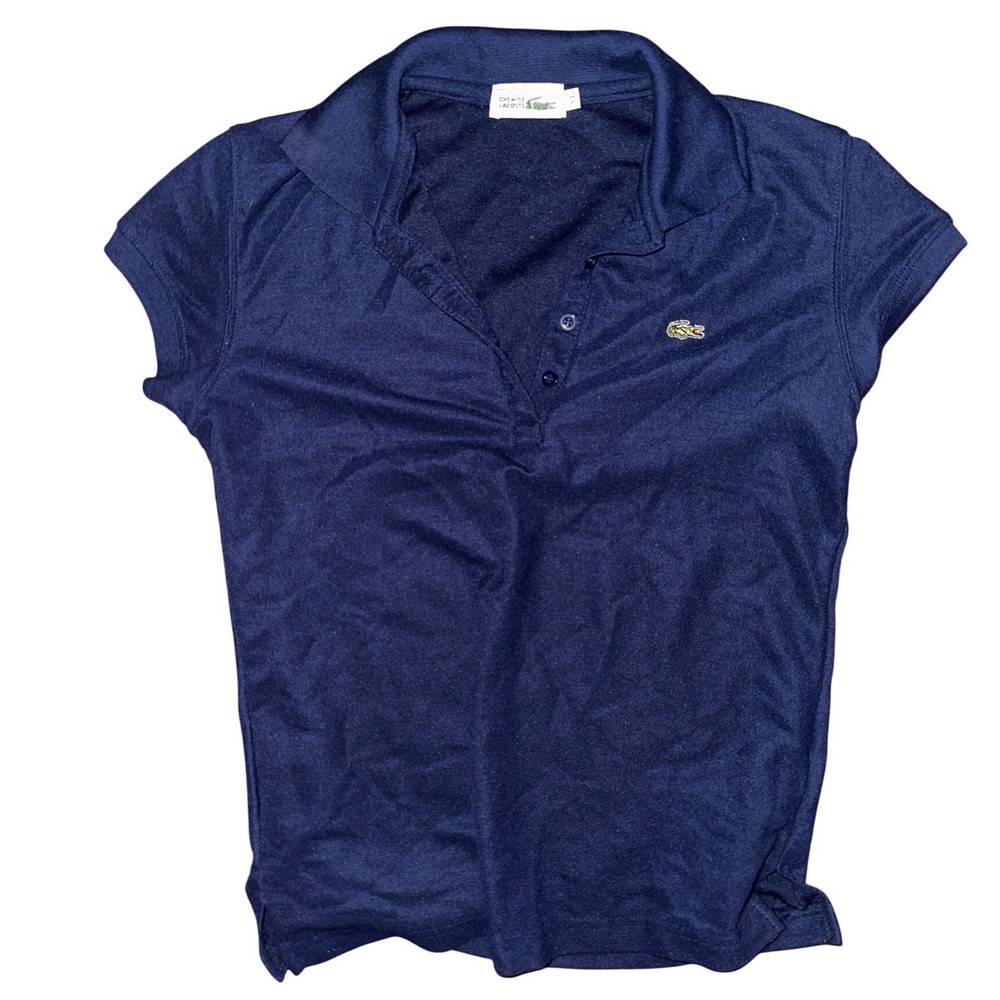 Vintage Chemise Lacoste Womens Navy Blue Polo Shirt Made in France XL Cap Sleeve